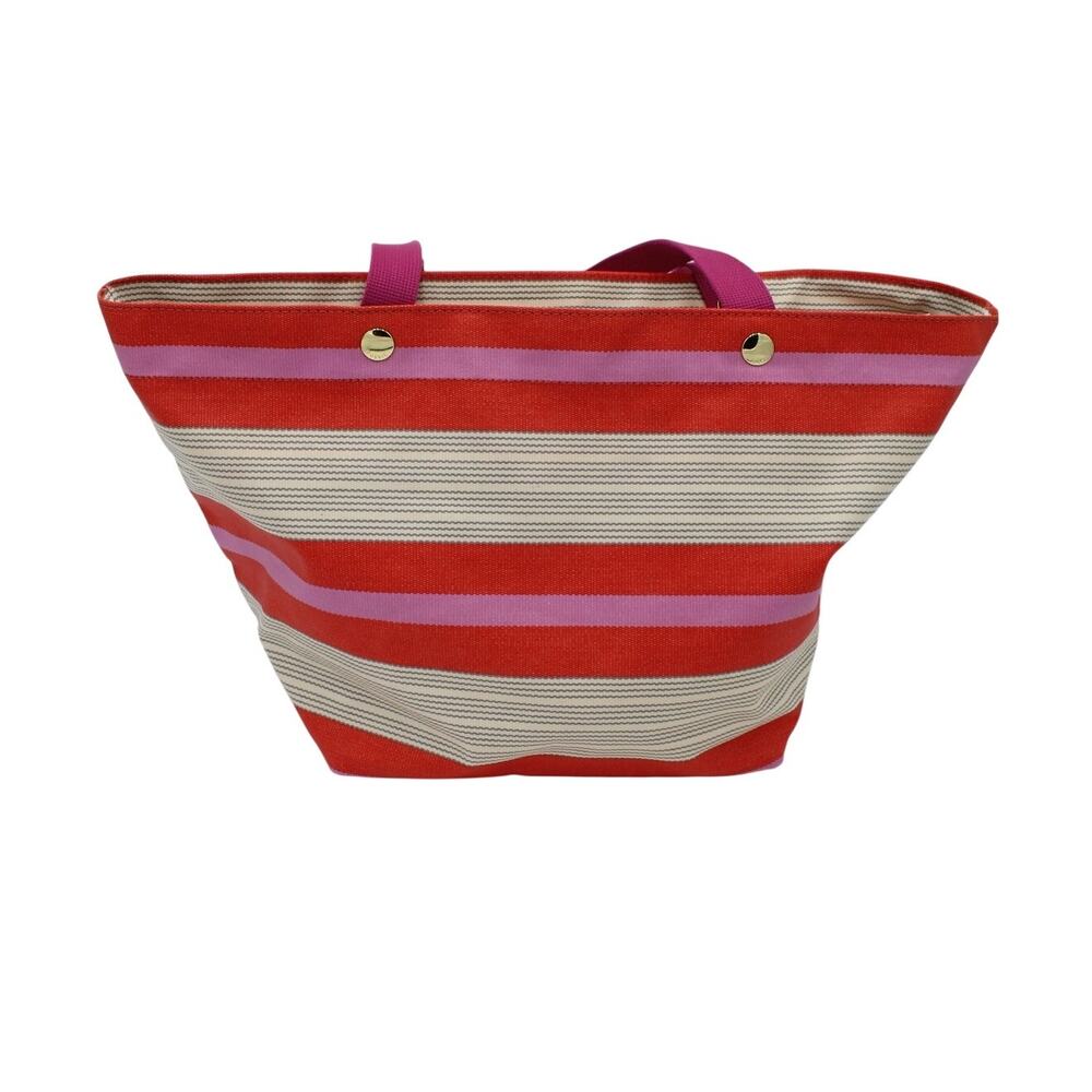 Beach Tote Bag Fossil Red Pink Stripe Canvas Travel Shoulder Zips Summer Y2K